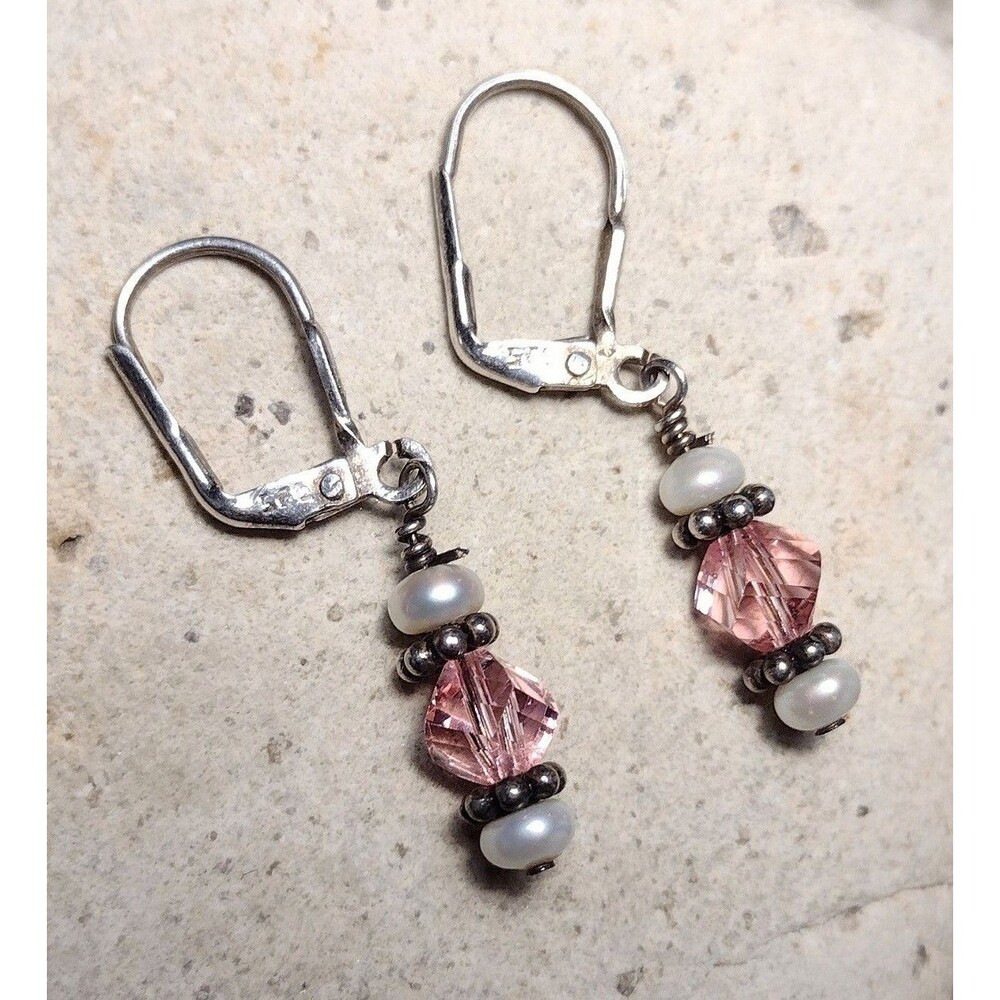 Sterling Silver Cultured Pearl Pink Crystal Petite Dangle Earrings
